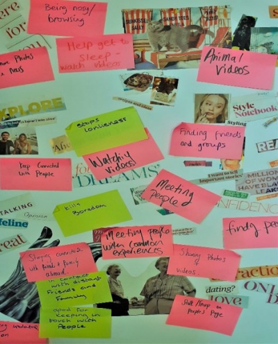 Post-it notes and cut-out text with words like 'meeting people', 'finding friends and groups', etc